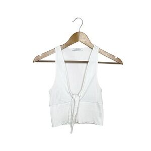 Zara White Ribbed Tie-Front Crop Top Size S Deep V-Neck